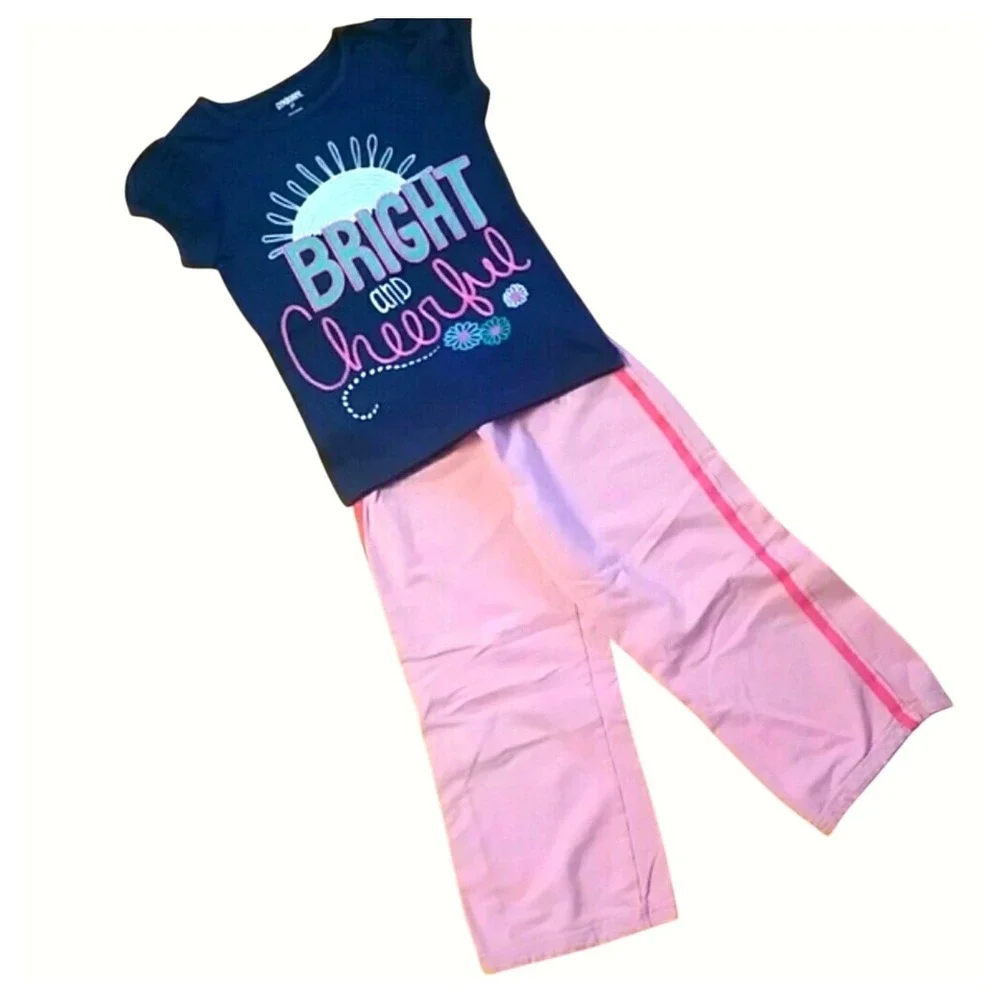 Gymboree Girls Embroidered Navy Short Sleeve Shirt with Pink Sweatpants Size 3-4